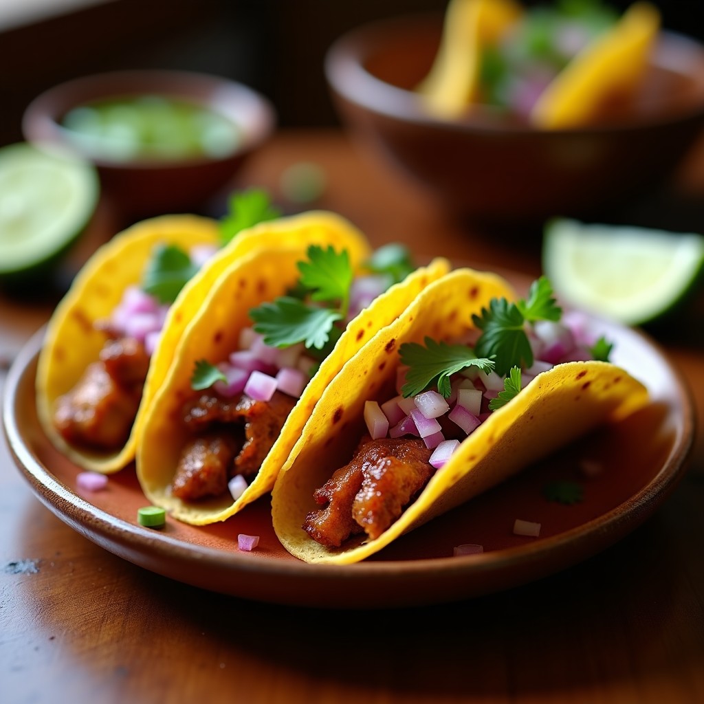 Plato de tacos de carnitas al aire frito crujientes, con tortillas de maíz doradas, cebolla morada picada, cilantro fresco y salsa verde, servidos en un plato rústico de barro.