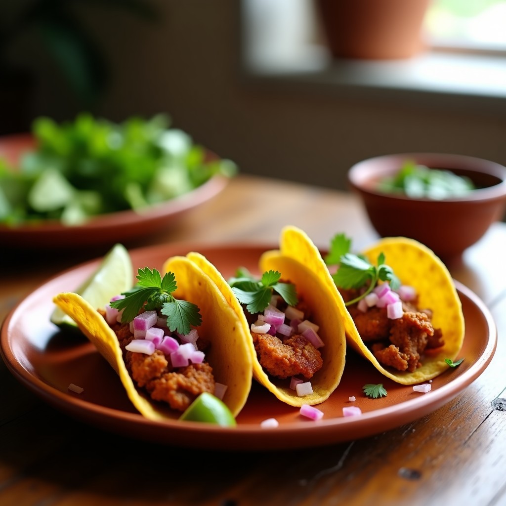 Tacos de carnitas en airfryer crujientes servidos en tortillas de maíz, con cebolla morada, cilantro fresco y salsa verde, sobre un plato de barro rústico.