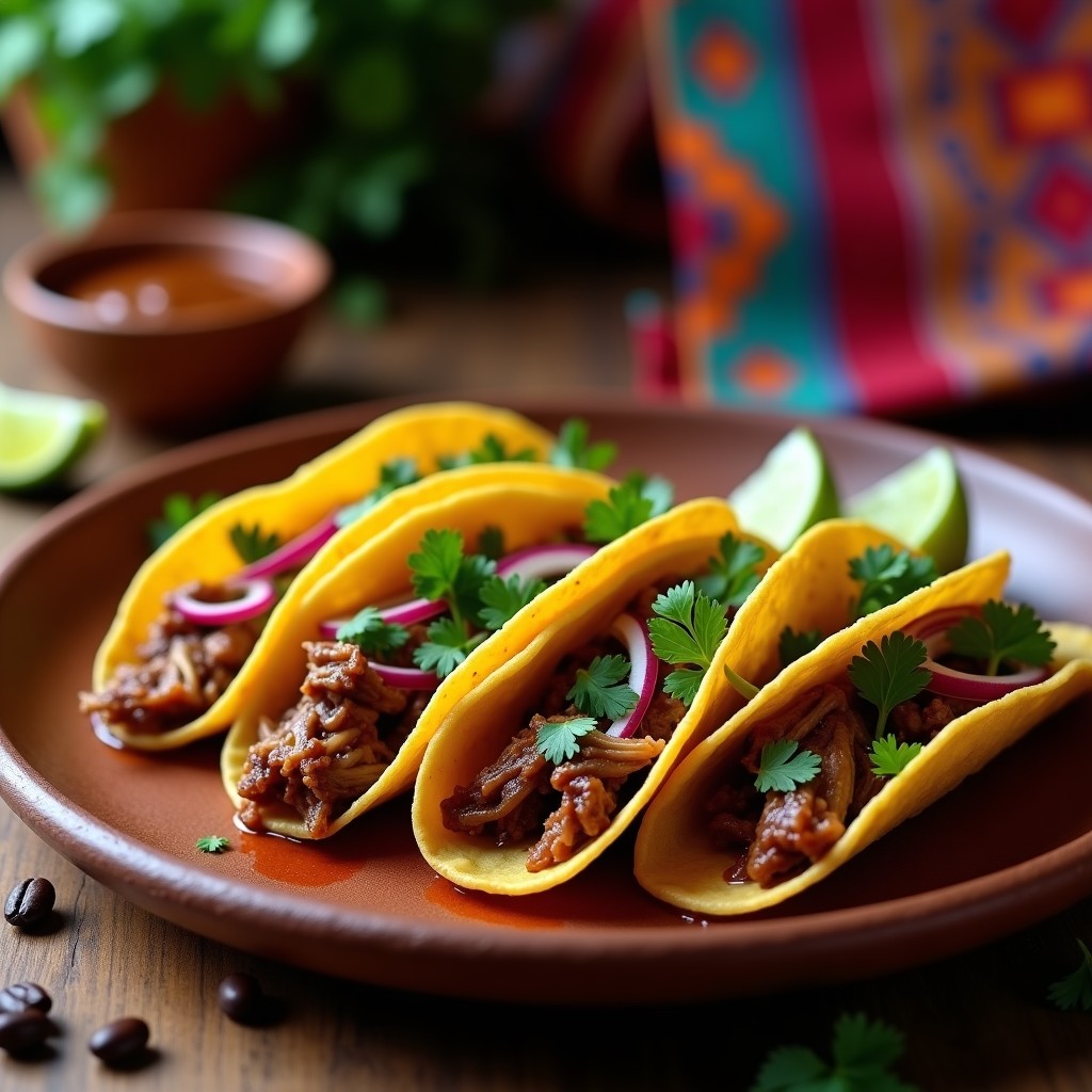 Plato de tacos de carnitas al café ahumado en tortillas de maíz, con cebolla morada, cilantro fresco y limón, servidos en un plato rústico de barro.