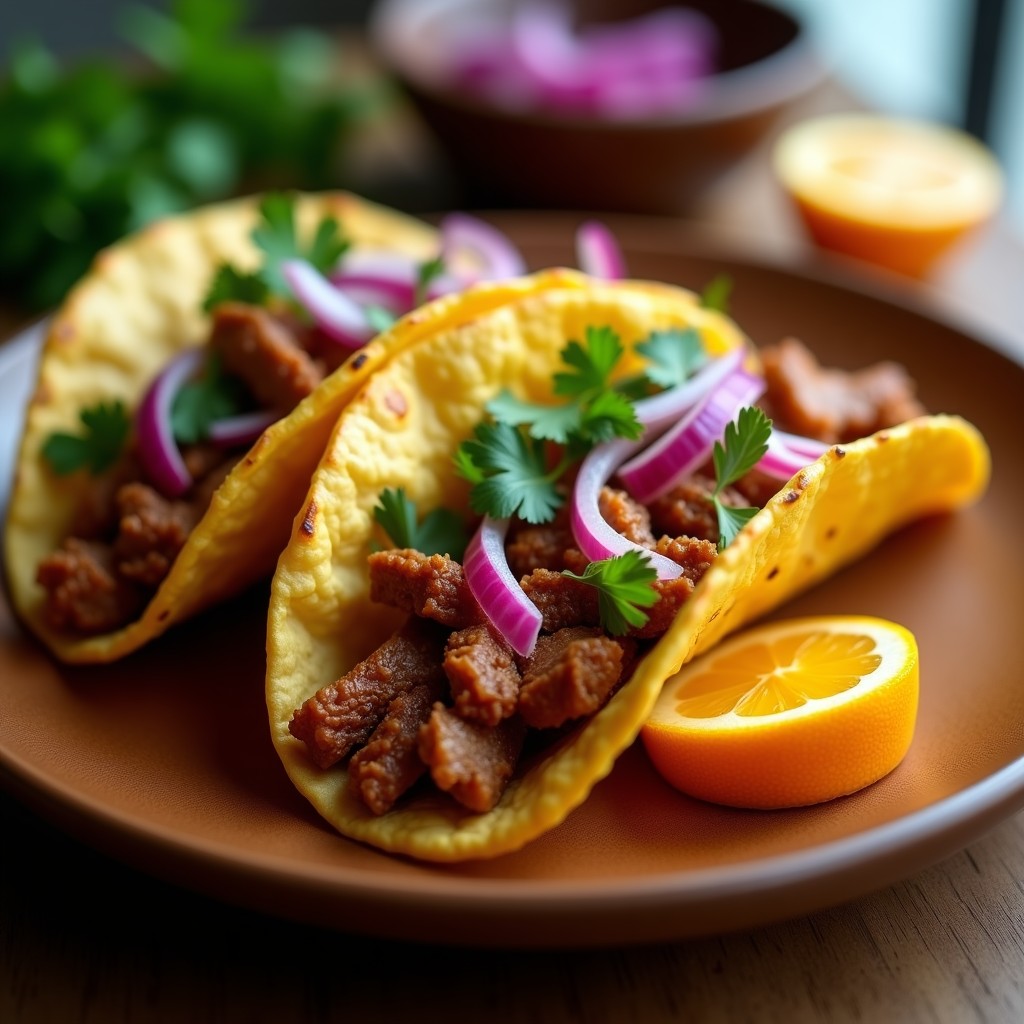 Plato de tacos de carnitas con café en airfryer, tortillas de maíz doradas rellenas de carne jugosa y crujiente, cebolla morada y cilantro fresco, servidos con rodajas de naranja.