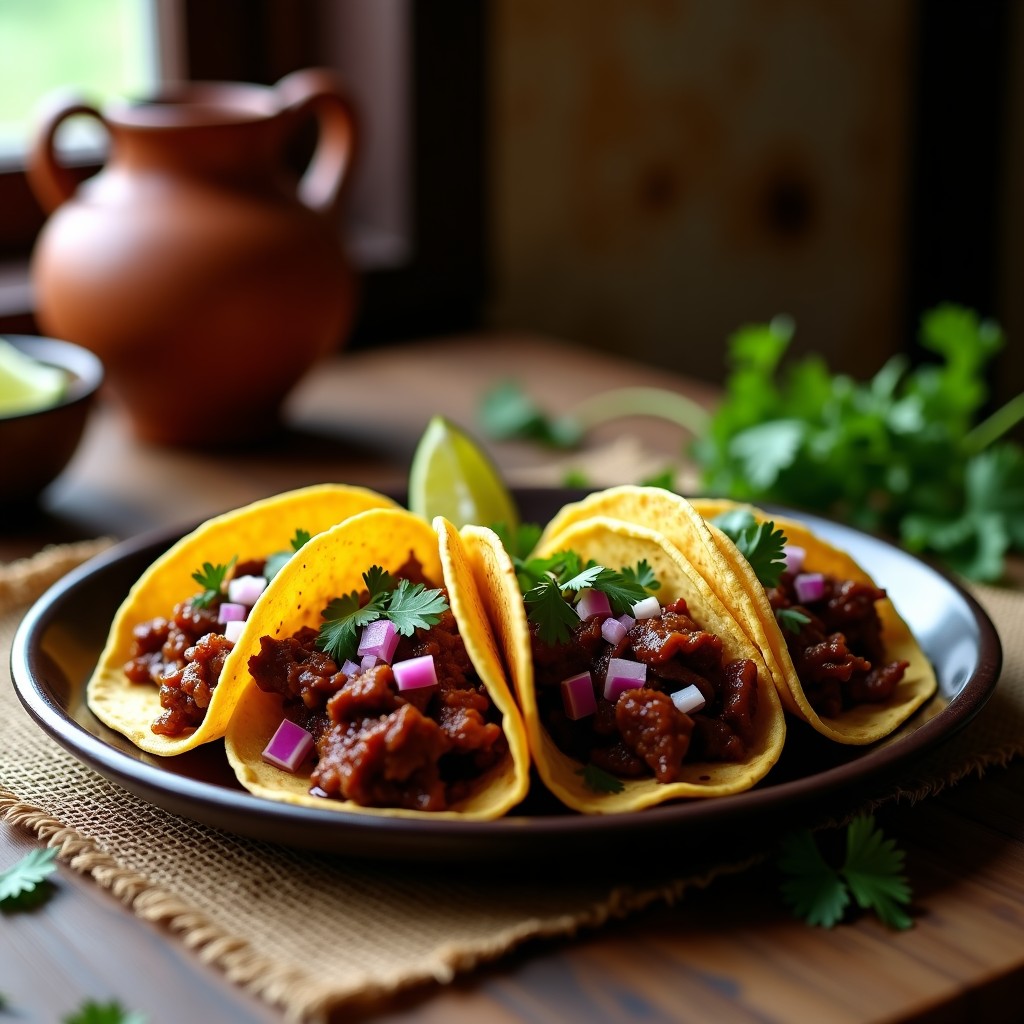 Plato de tacos de carnitas al café en tortillas de maíz, con cebolla morada picada y cilantro fresco, servidos en un plato de barro rústico.