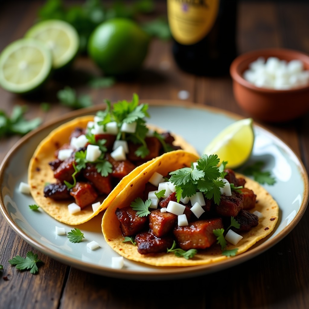 Plato de tacos de carnitas en cerveza negra servidos en tortillas de maíz, con cebolla morada, cilantro fresco y rodajas de limón, receta de olla lenta.