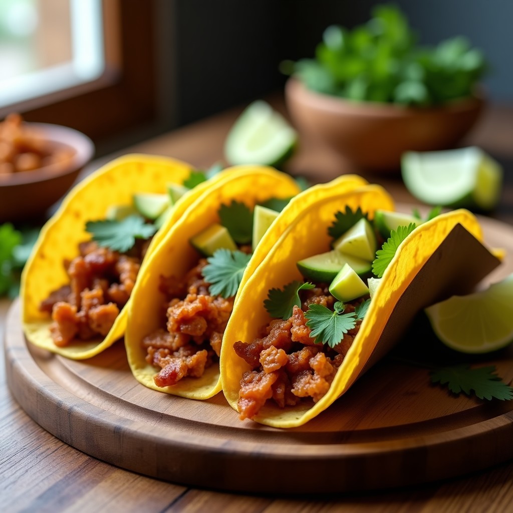 Plato de tacos de carnitas de jackfruit vegano en tortillas de maíz, con aguacate, cilantro y limón, servidos en una tabla de madera rústica.