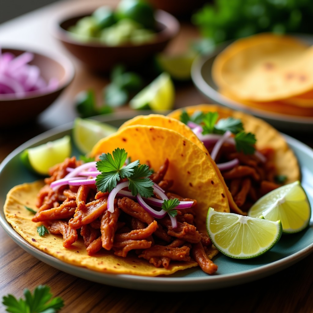 Plato de tacos de carnitas veganas con jackfruit desmenuzado y dorado, servidos en tortillas de maíz con cebolla morada, cilantro y lime, estilo mexicano auténtico.
