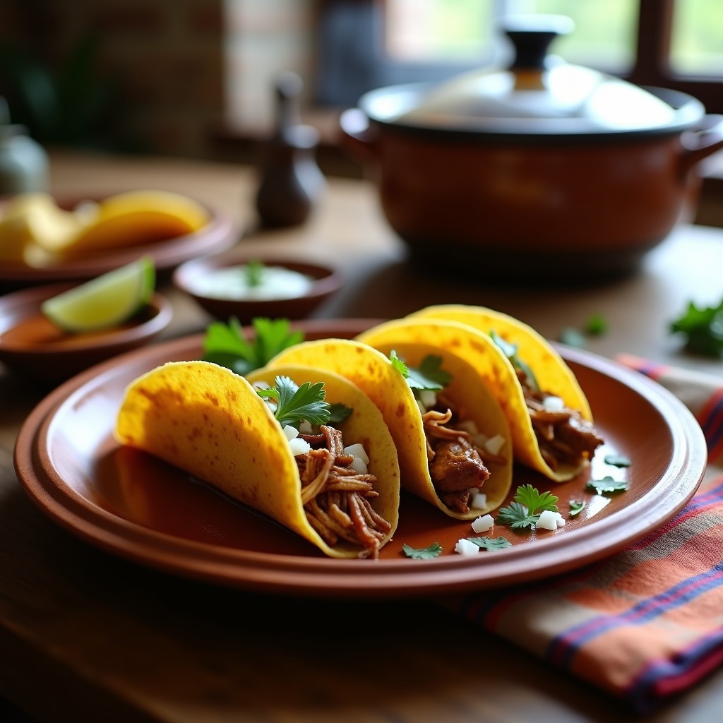 Plato de tacos de carnitas desmenuzadas con miel y chipotle, servidos en tortillas de maíz, acompañados de cebolla blanca, cilantro fresco y limón, sobre una mesa rústica de madera.