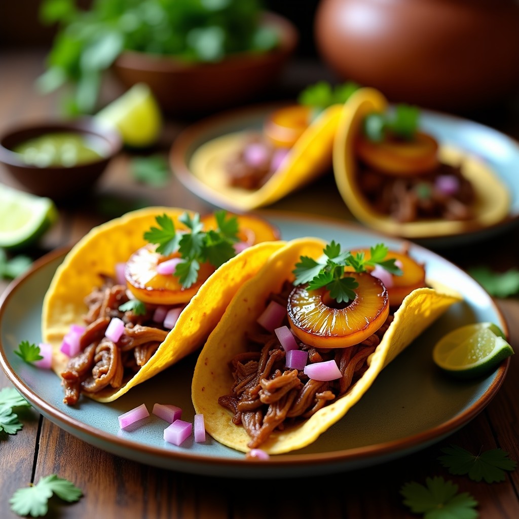 Plato de tacos de carnitas desmenuzadas con rodajas de piña ahumada caramelizada, cebolla morada, cilantro fresco y limón, servidos en tortillas de maíz tostadas.