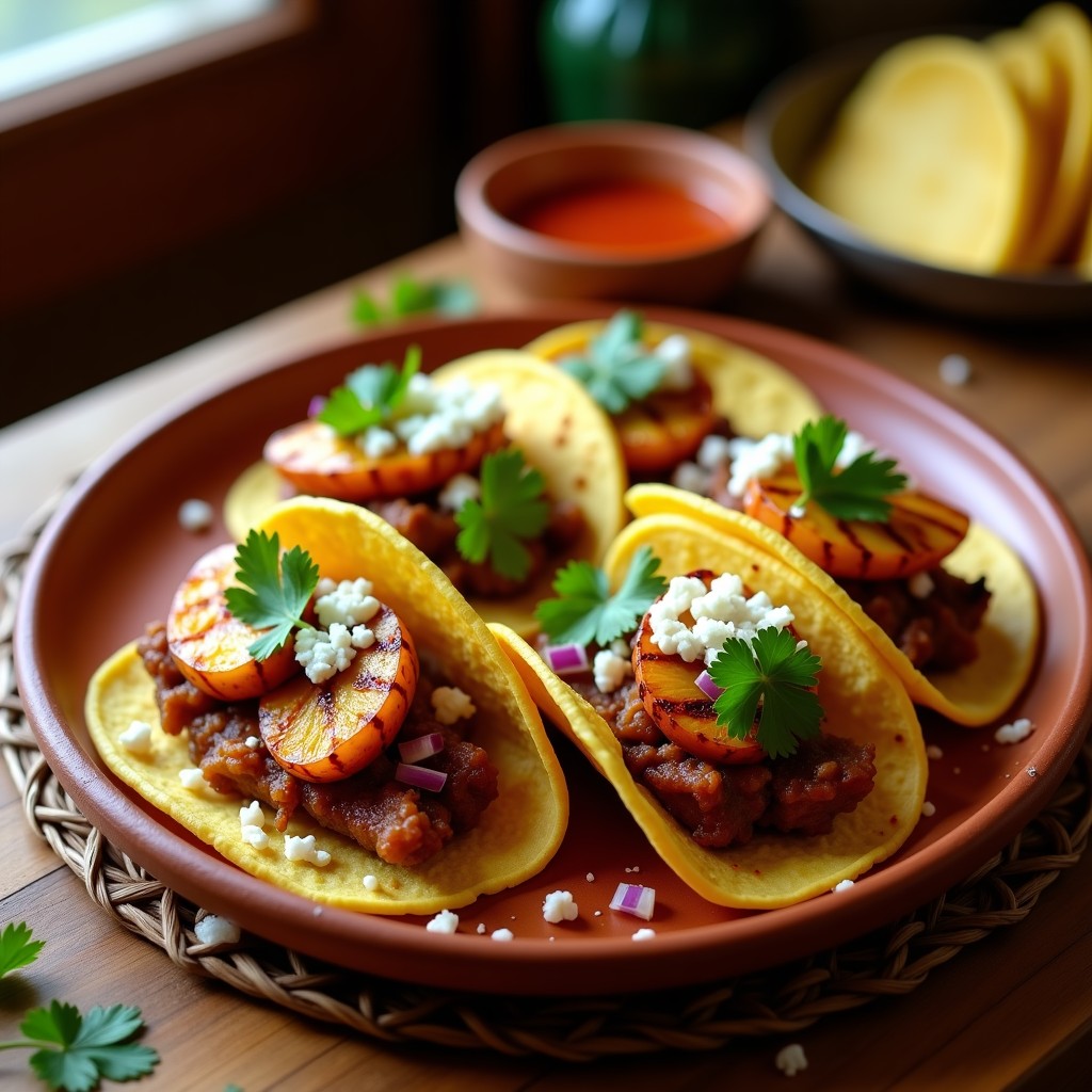 Plato de tacos de carnitas con piña asada ahumada, cebolla morada, cilantro y queso fresco sobre tortillas de maíz, servidos en un plato rústico de barro con fondo de salsa chipotle.