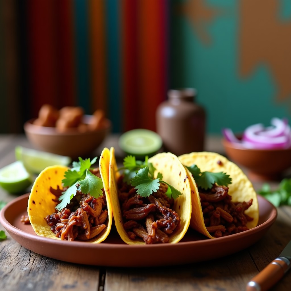 Plato de tacos veganos de carnitas de café ahumado, con tortillas de maíz doradas, rellenos de jackfruit y hongos portobello desmenuzados, decorados con cilantro fresco y rodajas de limón sobre una mesa de madera rústica.