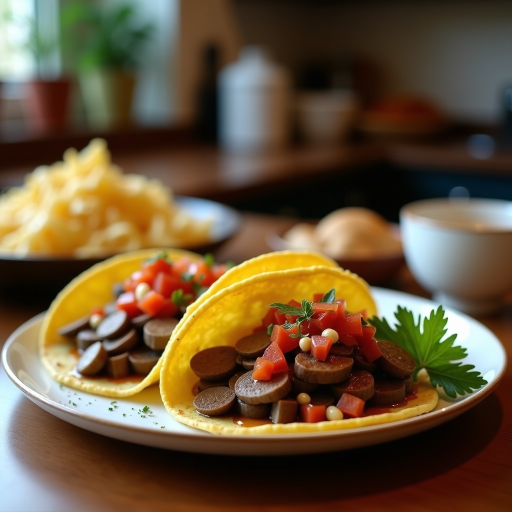 Plato de tacos veganos de carnitas de hongos portobello dorados, servidos en tortillas de maíz con cebolla morada, aguacate, cilantro y lima, sobre un mantel rústico de madera.