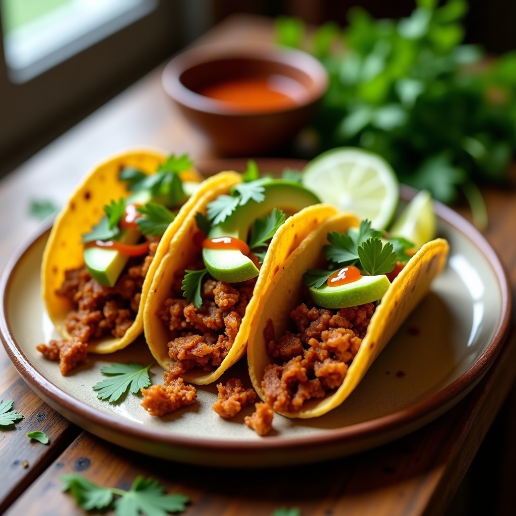 Tacos de maíz rellenos de carnitas veganas de jackfruit ahumado dorado, aguacate en cubos, cilantro fresco y salsa chipotle, servidos en plato de barro con rodajas de limón.