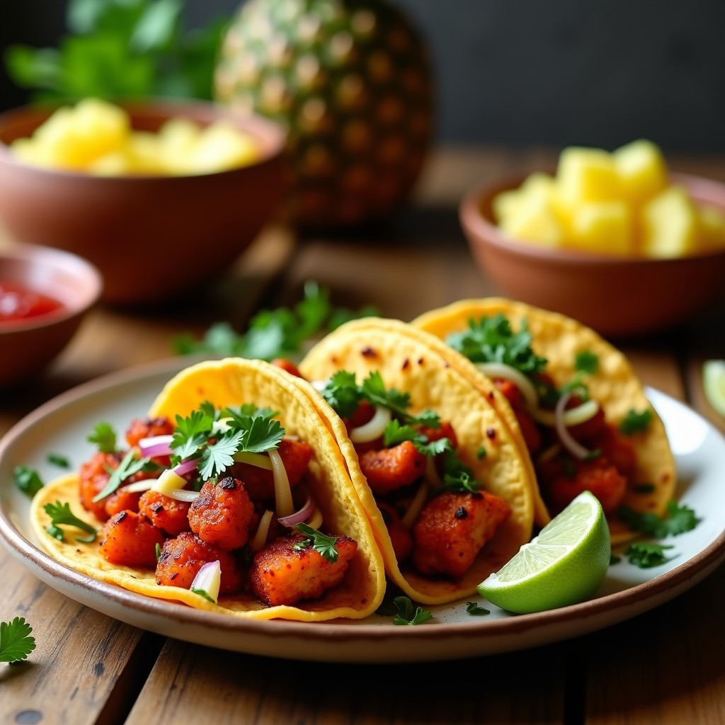Tacos de coliflor al pastor en airfryer, rellenos de floretes dorados y marinados, servidos en tortillas de maíz con cebolla morada, cilantro y rodajas de piña asada. Receta vegana mexicana rápida y saludable.