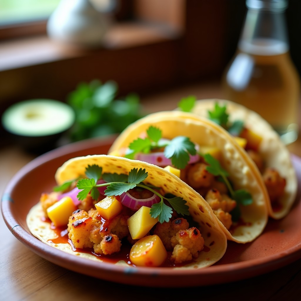 Tacos veganos de coliflor al pastor en tortillas de maíz, con coliflor dorada y especiada, piña asada caramelizada, cebolla morada, cilantro fresco y aguacate en cubos, servidos en plato de barro rústico.