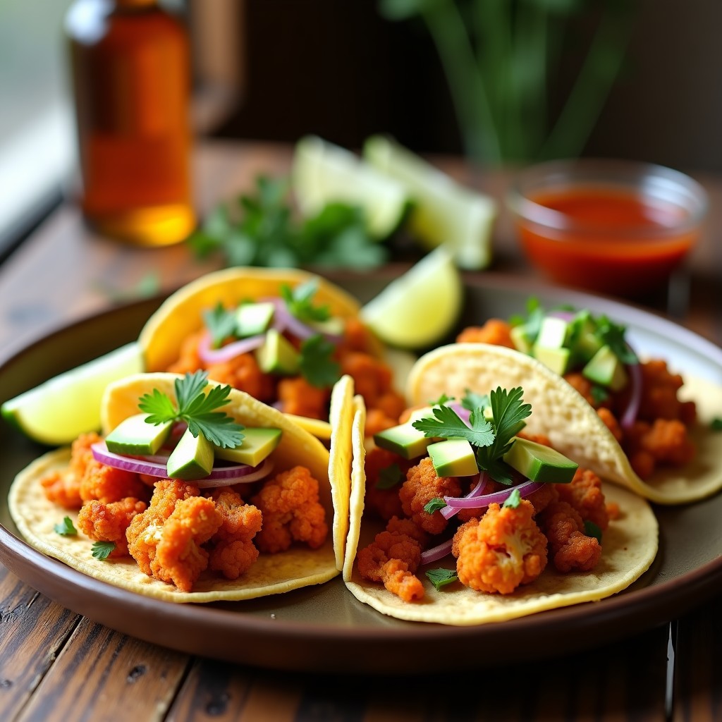 Tacos veganos de coliflor dorada y jackfruit desmenuzado picante en tortillas de maíz, acompañados de aguacate, cebolla morada y cilantro fresco, receta airfryer.