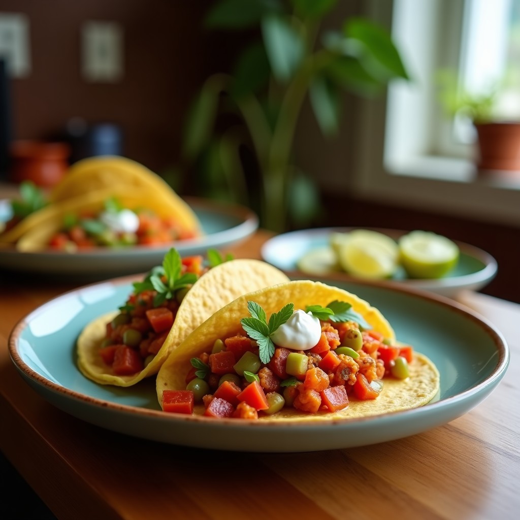 Plato de tacos abiertos de maíz rellenos de picadillo vegano de lentejas y champiñones, con coliflor crujiente, aguacate, cilantro y semillas de sésamo, servidos en una tabla de madera rústica.