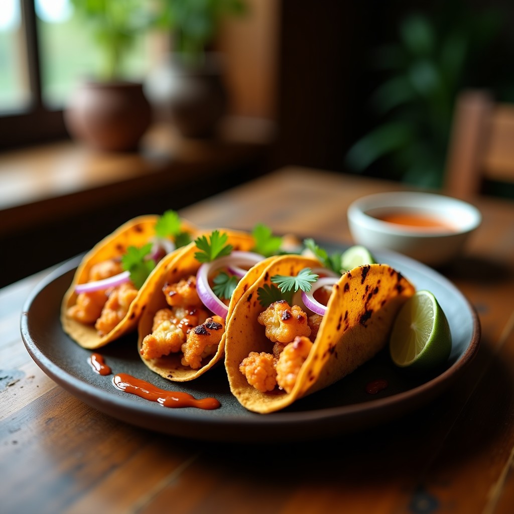 Tacos de coliflor al BBQ en airfryer, dorados y crujientes, servidos en tortillas de maíz con salsa chipotle cremosa, cebolla morada y cilantro fresco.