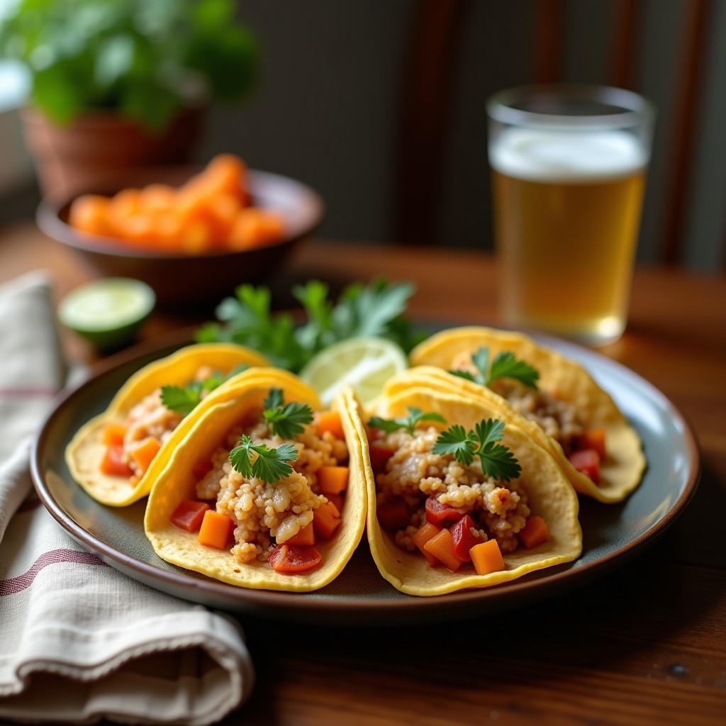 Tacos de maíz azul rellenos de pétalos dorados de cempasúchil y queso de almendras cremoso, decorados con cebolla morada, chile serrano y cilantro fresco sobre un plato de barro mexicano.