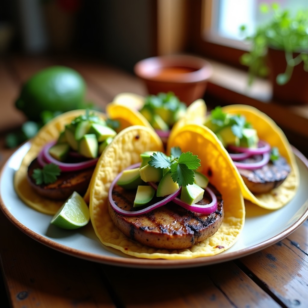 Tacos veganos de champiñones portobello ahumados en airfryer, servidos en tortillas de maíz con aguacate, cebolla morada y cilantro fresco.