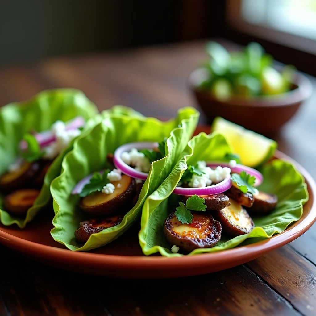Tacos de champiñones portobello al chipotle keto servidos en hojas de lechuga romana, con aguacate en cubos, queso fresco desmenuzado, cebolla morada y cilantro fresco, sobre un plato de barro rústico con fondo de madera oscura.