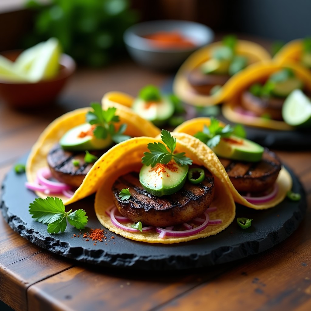 Tacos veganos de champiñones portobello marinados en adobo, asados al grill con toque ahumado, servidos en tortillas de maíz con cebolla morada, aguacate y cilantro fresco.