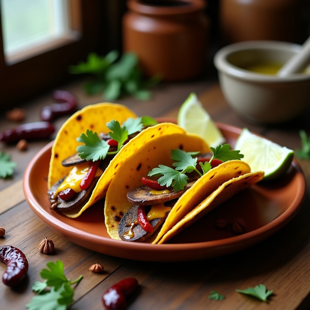 Tacos abiertos de maíz azul con relleno de champiñones portobello asados, rajas de pimiento poblano y queso vegano fundido gratinado, servidos en un plato rústico de barro con salsa de chipotle y cilantro fresco. Receta mexicana en Airfryer.