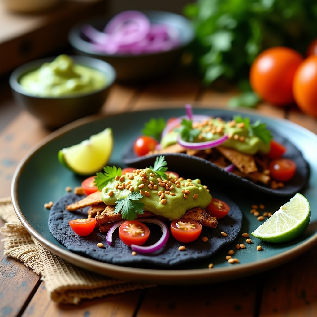 Plato de tacos de chapulines tostados con guacamole cremoso, decorados con semillas de sésamo y cilantro fresco, servidos en tortillas de maíz azules sobre un mantel rústico de tela.