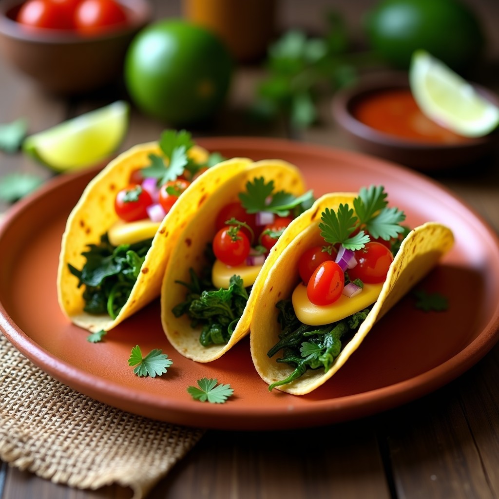Plato de tacos dorados rellenos de chaya salteada y queso de caju cremoso, acompañados de tomates cherry y cilantro fresco sobre tortillas de maíz. Receta yucateca vegana y sin gluten.