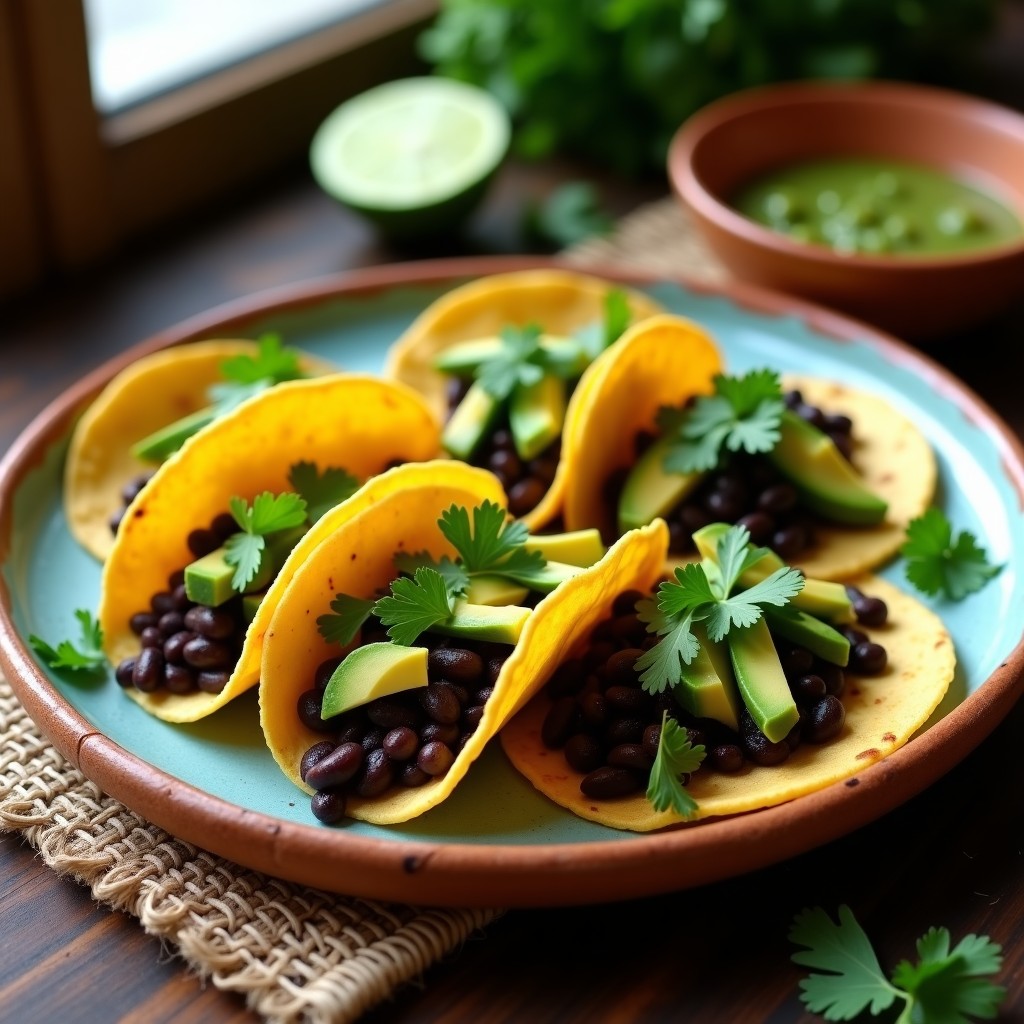 Tacos de chayote y frijoles negros veganos y sin gluten: tortillas de maíz azul crujientes rellenas de tiras de chayote salteado, frijoles negros especiados, aguacate en cubos y cilantro fresco, servidos en plato de barro con limón al lado.