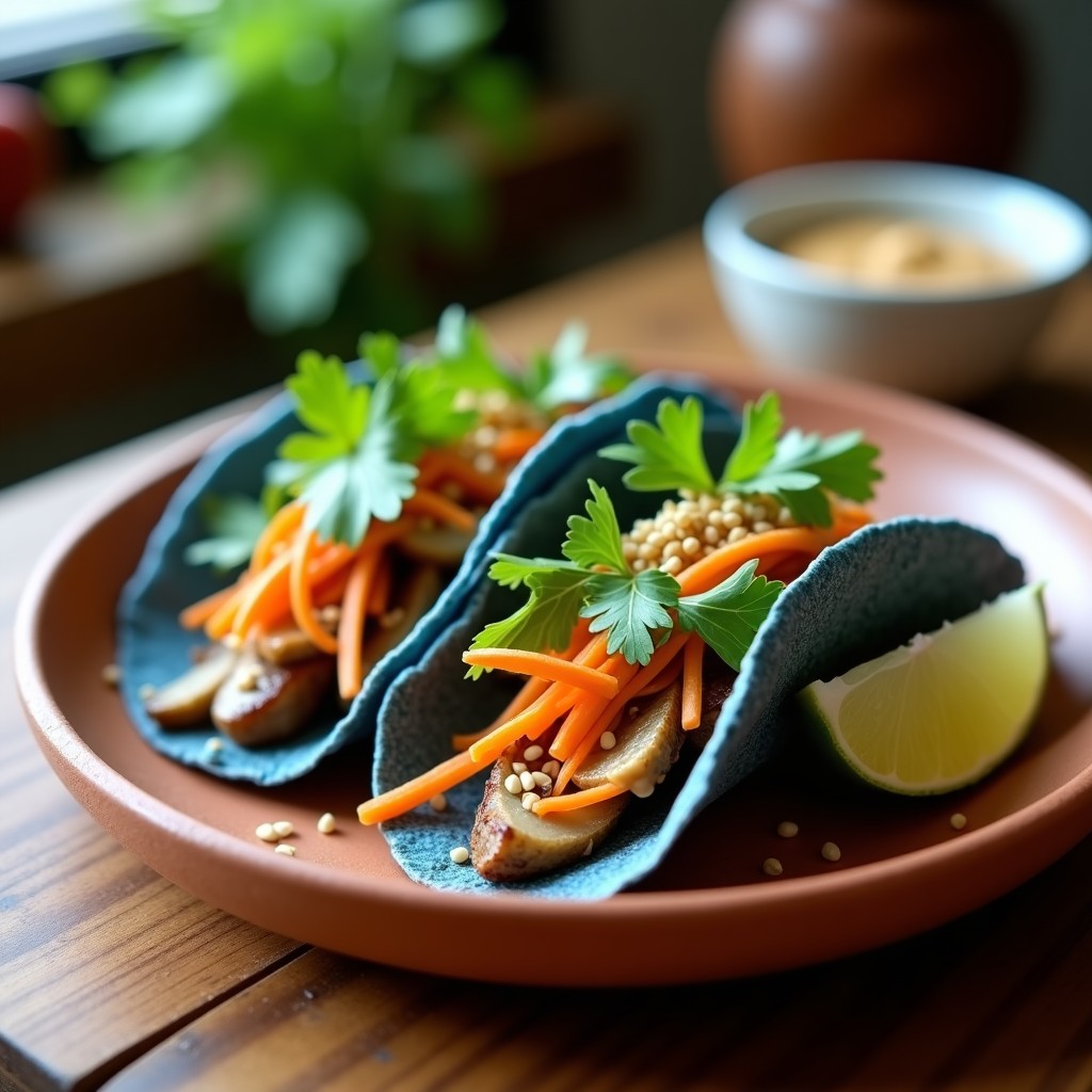 Tacos veganos de chayote y hongos shiitake con salsa de cacahuete y lima, servidos en tortillas de maíz azules sobre un plato de barro. Decorados con cilantro fresco, semillas de sésamo y zanahoria rallada, con un fondo rústico de madera.