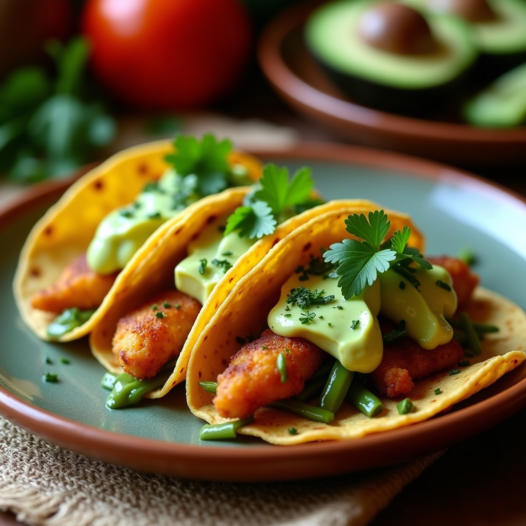 Tacos mexicanos veganos de chayote y nopales dorados en airfryer, servidos en tortillas de maíz azules con salsa verde de pipicha y trozos de aguacate, sobre un plato de barro rústico con fondo de mantel de fibra natural.