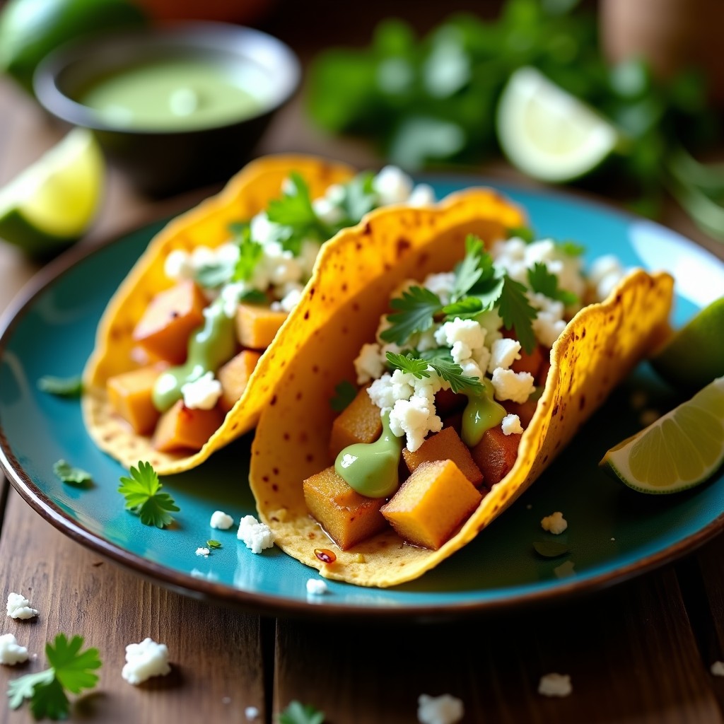 Tacos mexicanos de chayote dorado en airfryer con queso fresco desmenuzado, servidos en tortillas de maíz azules y bañados en aderezo verde de limón y cilantro, acompañados de cebolla morada picada.