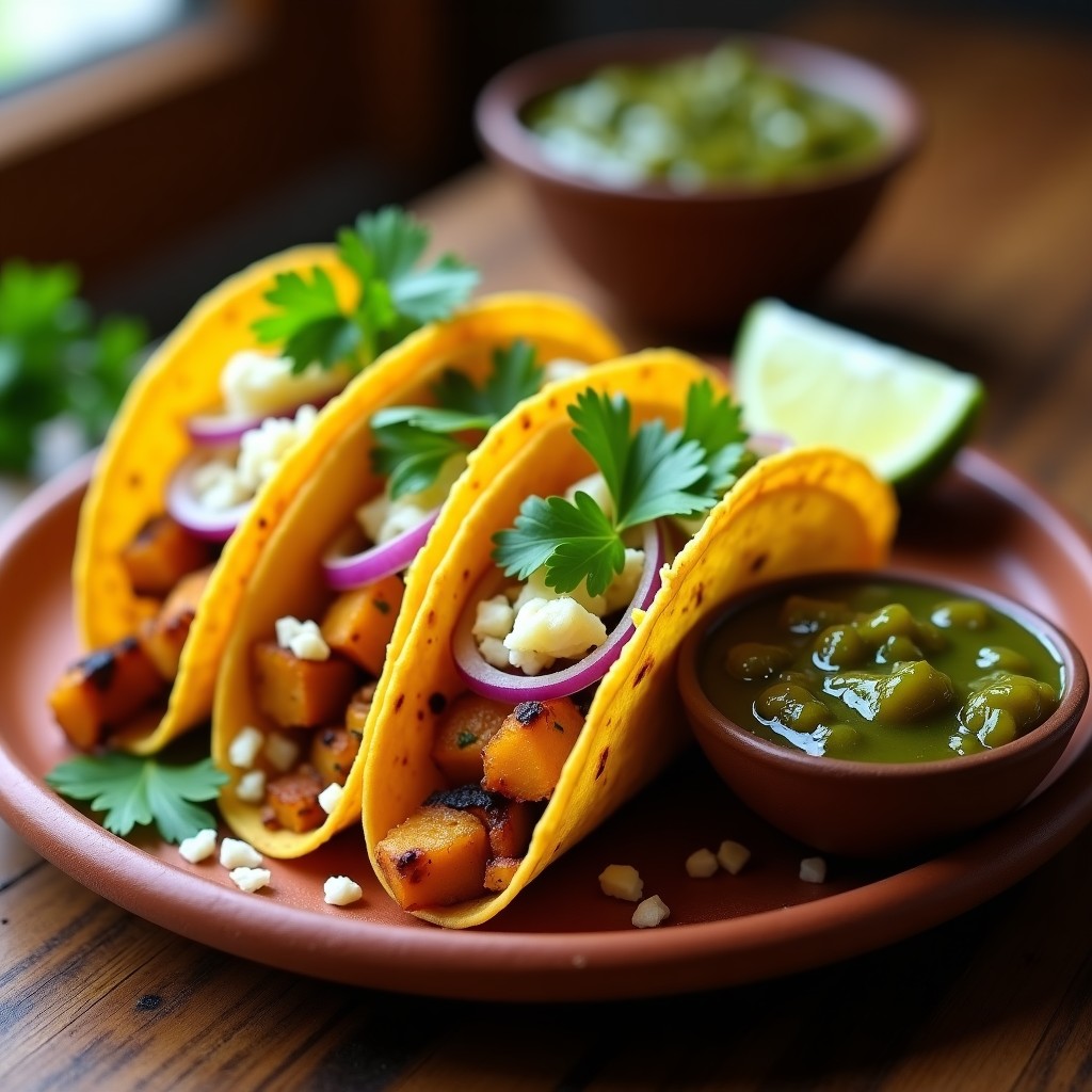 Tacos de chayote y queso panela servidos en tortillas de maíz azules, adornados con cubos de aguacate, cilantro fresco y un chorrito de limón sobre un plato de barro rústico. Receta mexicana sin fritura en olla rápida.