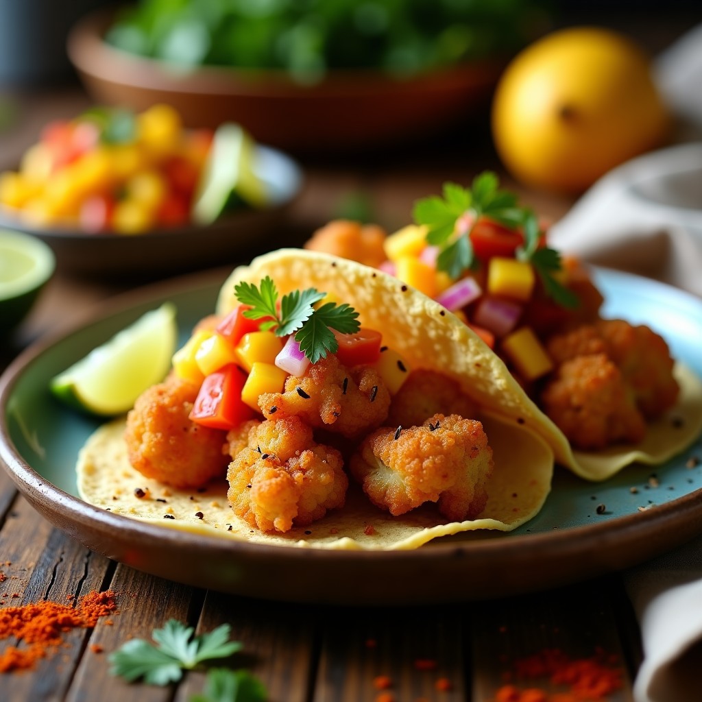 Tacos abiertos de maíz con chicharrón de coliflor dorado y crujiente, pico de gallo de mango colorido, hojas de lechuga fresca y crema de aguacate, servidos en un plato rústico de barro con fondo de madera.