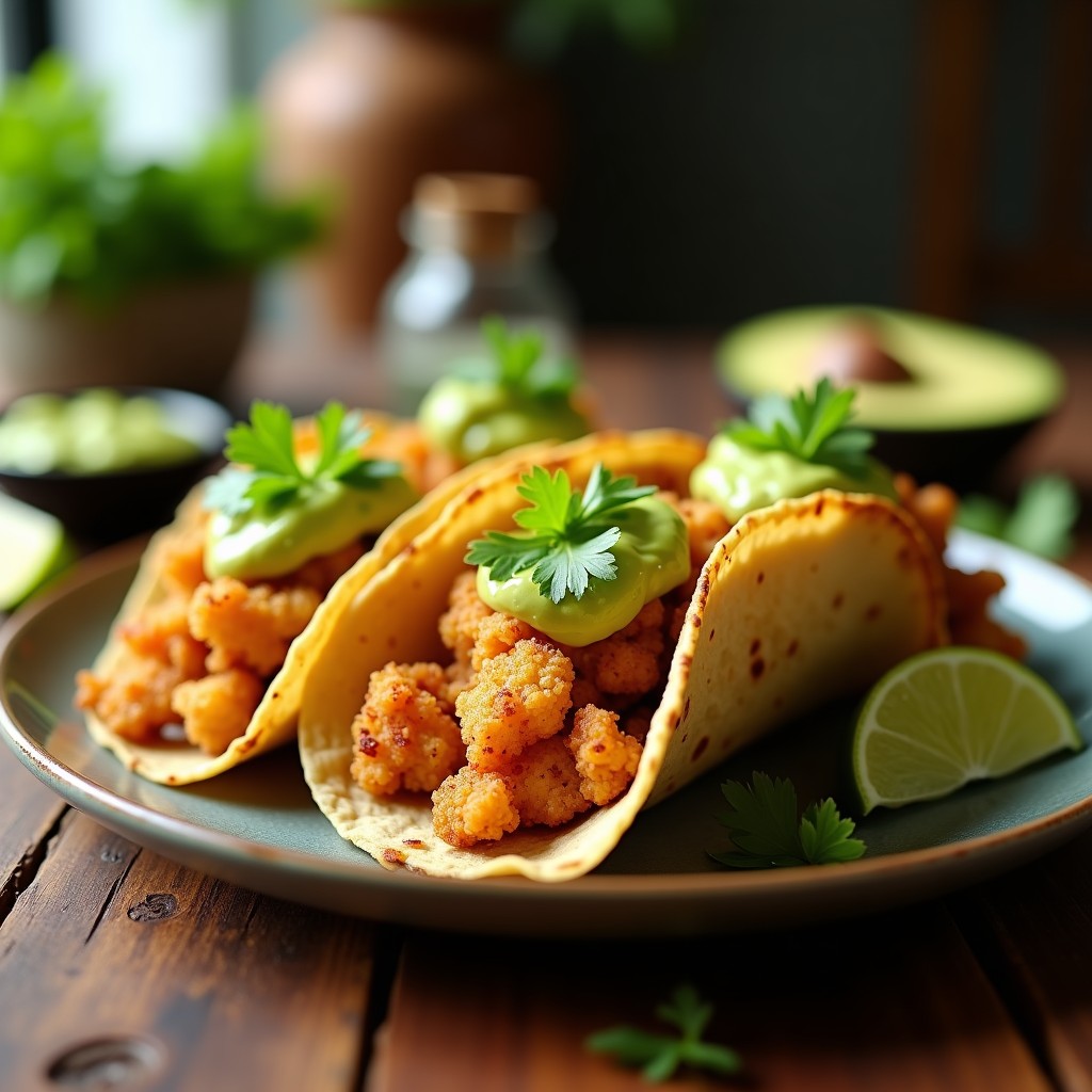 Tacos keto crujientes de chicharrón de coliflor dorado sobre hoja de lechuga romana, con salsa de aguacate cremosa y semillas de sésamo, servidos en plato de madera rústico.