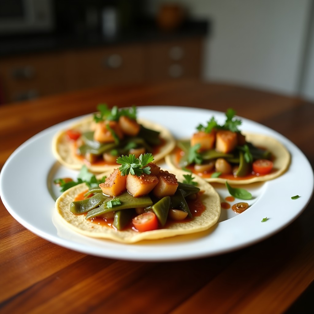 Tacos de chicharrón de hongos y nopales veganos sobre tortillas de maíz azules, decorados con cebolla morada, cilantro, aguacate y salsa verde cruda, con un toque mexicano auténtico.
