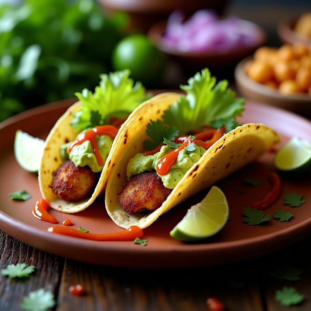 Tacos dorados rellenos de chicharrón de hongos ostra crujientes, servidos en tortillas de maíz con guacamole cremoso, salsa de habanero y hojas de lechuga romana, sobre un plato de barro rústico con fondo de madera oscura.