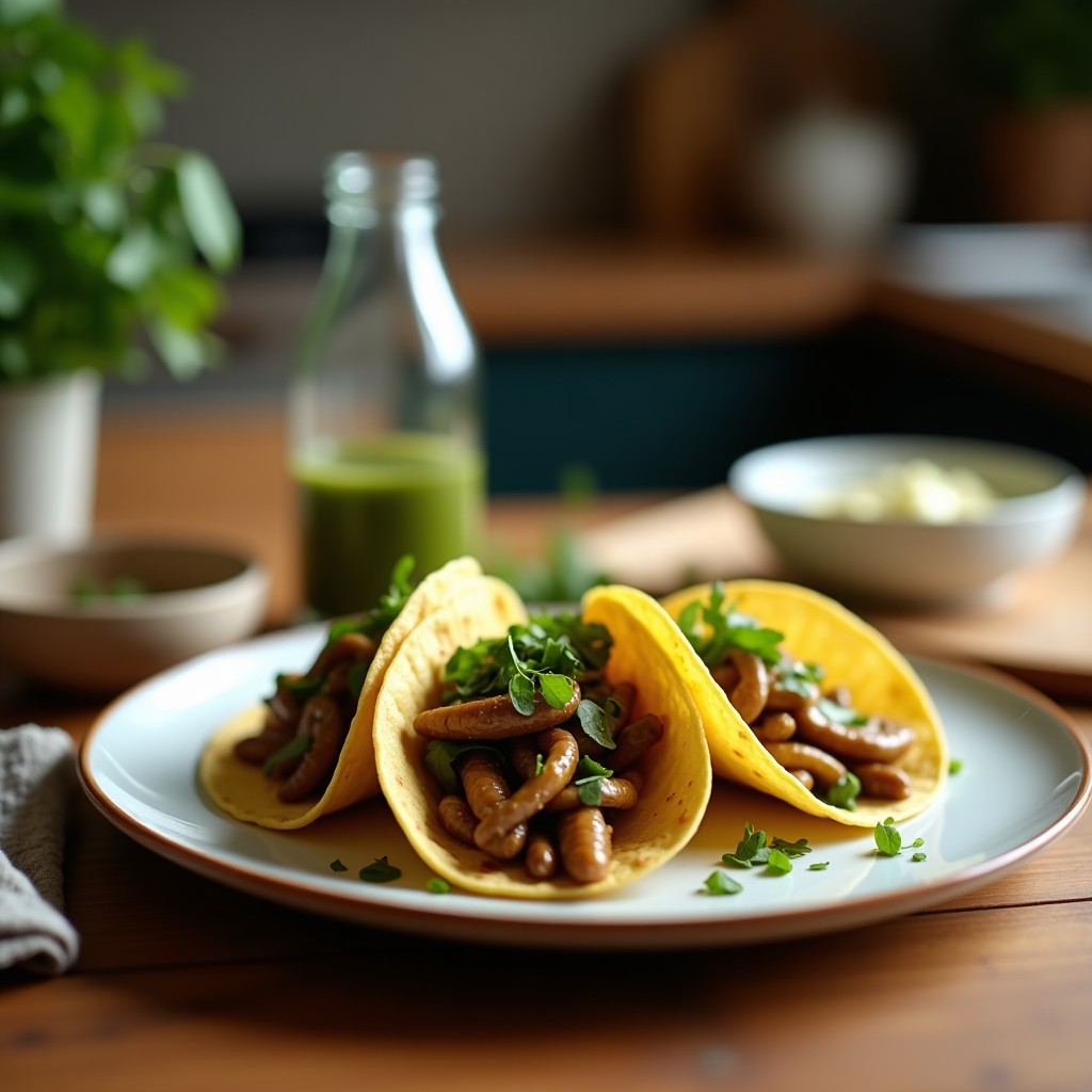 Tacos de chicharrón de hongos shitake veganos sobre tortillas de maíz, con salsa verde cruda, aguacate y lechuga morada, servidos en un plato de barro rústico.