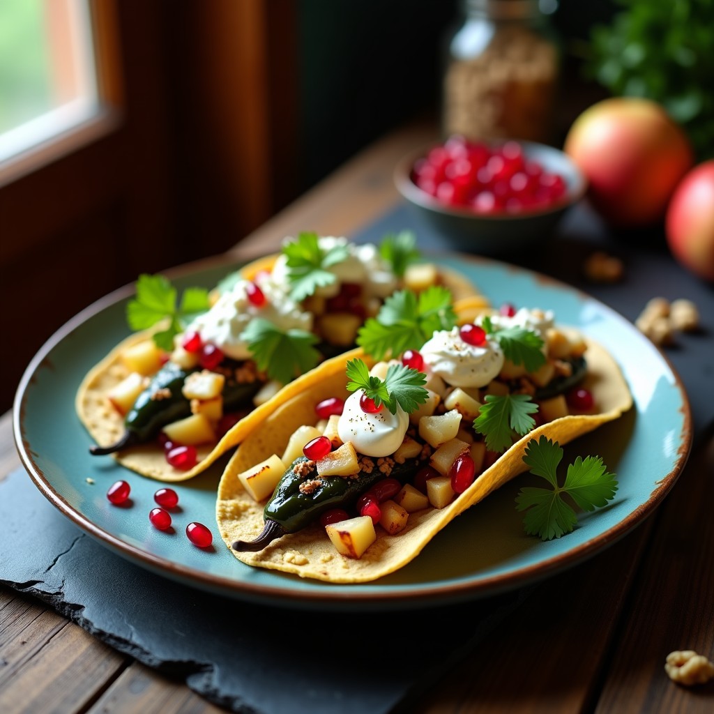 Plato de tacos de chiles en nogada con queso de cabra sobre tortillas de maíz azules, decorados con semillas de granada y cilantro fresco, con colores vibrantes rojos, verdes y blancos.