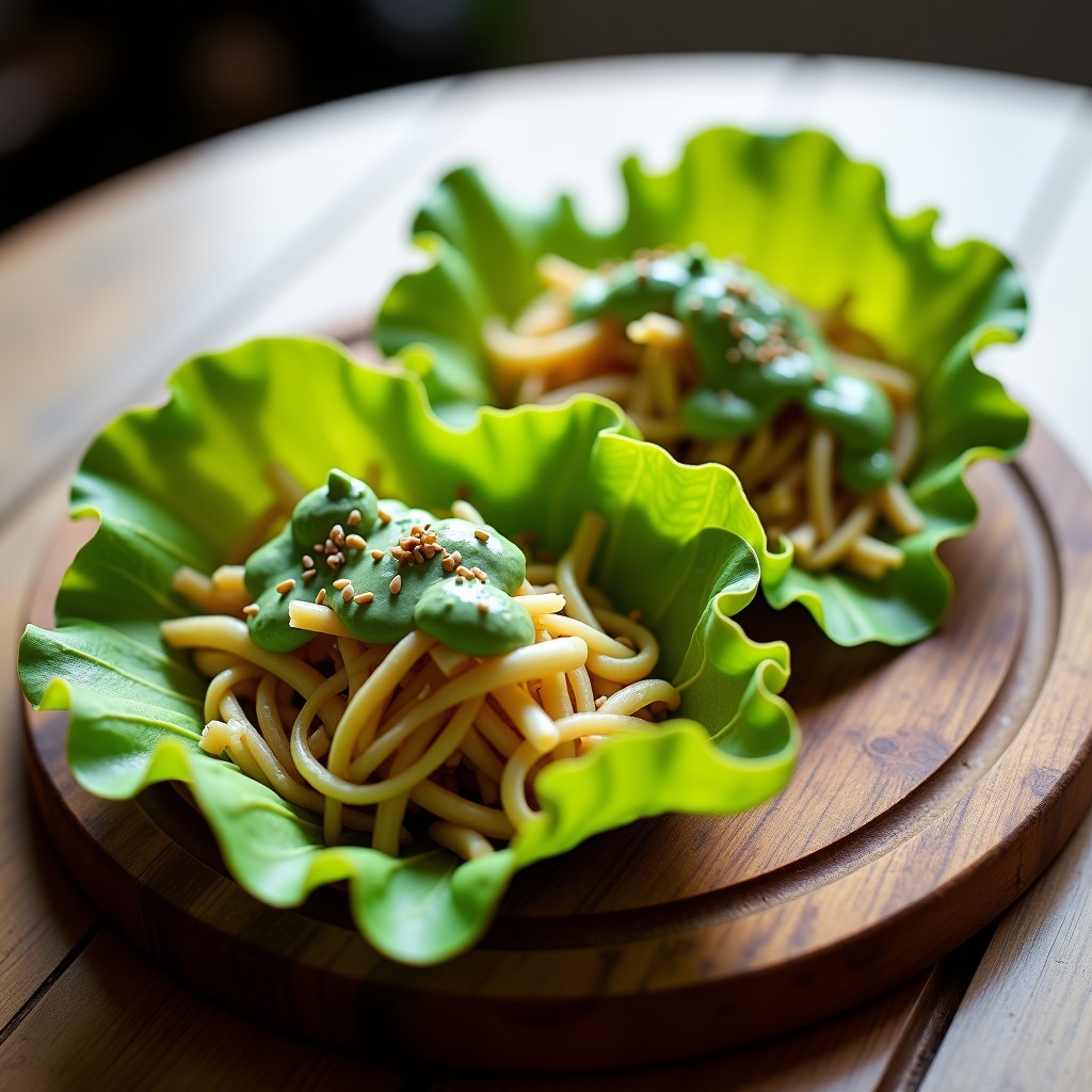 Tacos abiertos de lechuga rellenos de juliana de chirivía y raíz de apio crudos, bañados en salsa verde cremosa de cilantro y semillas de sésamo tostadas, sobre tabla de madera rústica.