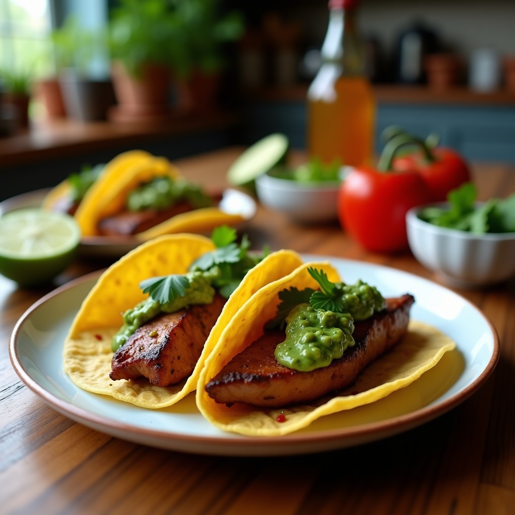 Tacos de chirivía asada dorada en tortillas de maíz azules, bañados con chimichurri verde de cilantro, decorados con aguacate, cebolla morada y semillas de sésamo. Plato colorido y fresco, receta vegana en airfryer.