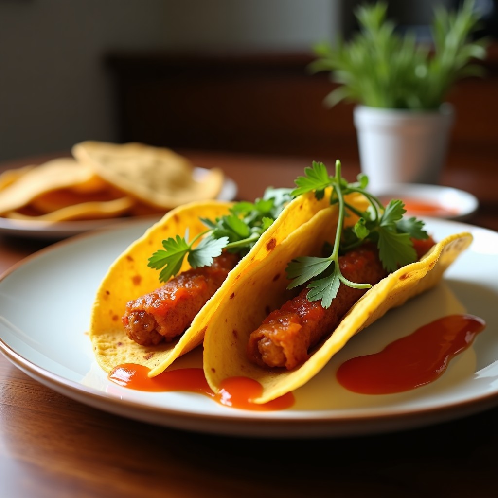 Tacos de chirivía crujiente con mojo picón en airfryer, servidos en tortillas de maíz con cebolla morada, aguacate y lechuga morada, receta vegana y sin gluten.