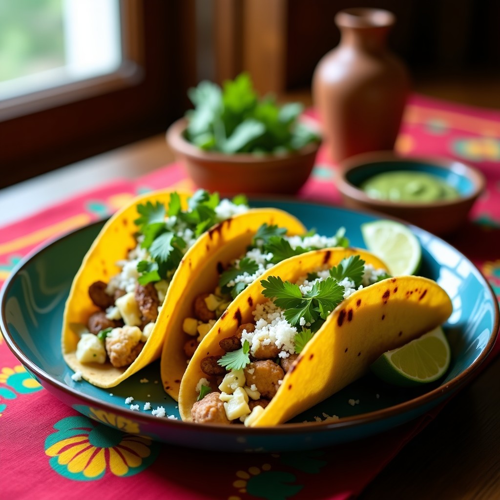Tacos de chongos zamoranos y nopales en airfryer, servidos en tortillas de maíz azules con aguacate, queso fresco y salsa verde, receta mexicana alta en calcio.