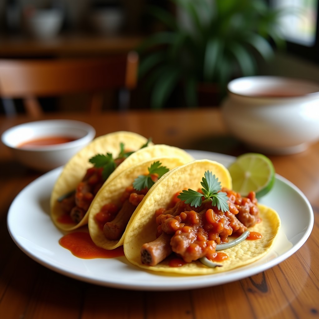 Plato de tacos de chongos zamoranos dorados sobre tortillas de maíz azules, bañados con salsa de chile de árbol, decorados con cebolla morada picada y cilantro fresco, servidos en un comal de barro con fondo de texturas rústicas.