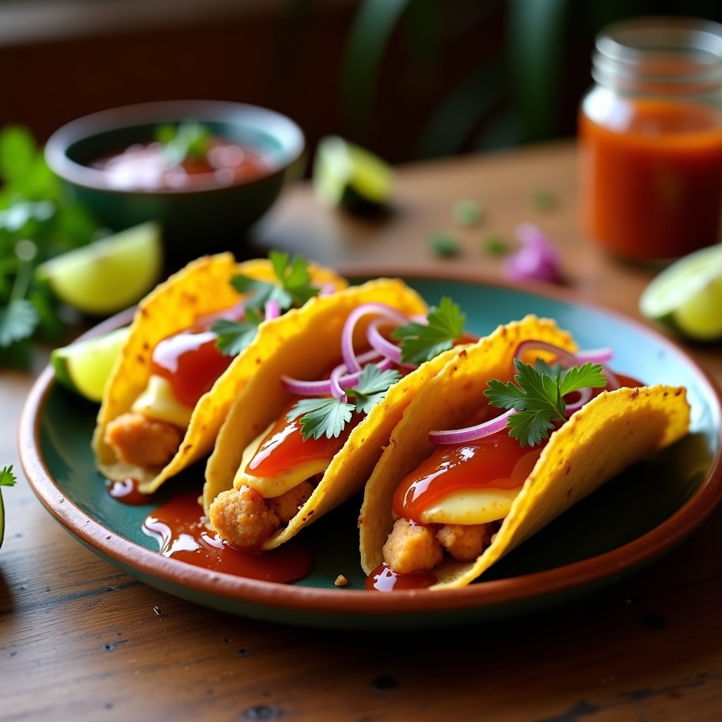 Plato de tacos de chongos zamoranos dorados en airfryer, rellenos de queso cremoso, cebolla morada y bañados en una salsa rosa vibrante de guayaba, servidos sobre tortillas de maíz azul con queso cotija desmenuzado y cilantro fresco.