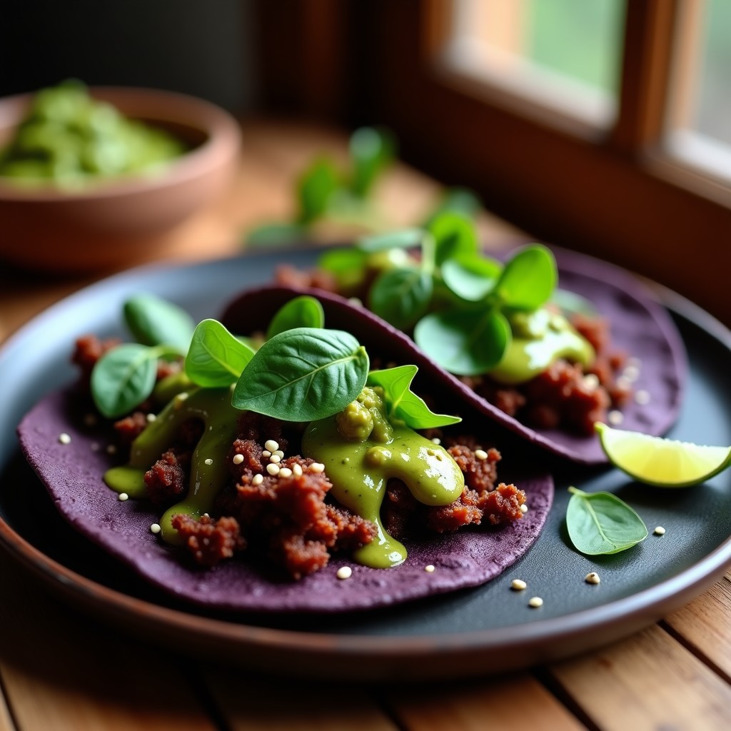 Tacos de maíz rellenos de berenjena asada especiada con chimichurri verde, cebolla morada y aguacate, servidos en plato de barro con semillas de sésamo. Receta vegana y picante de tacos de chorizo de berenjena.