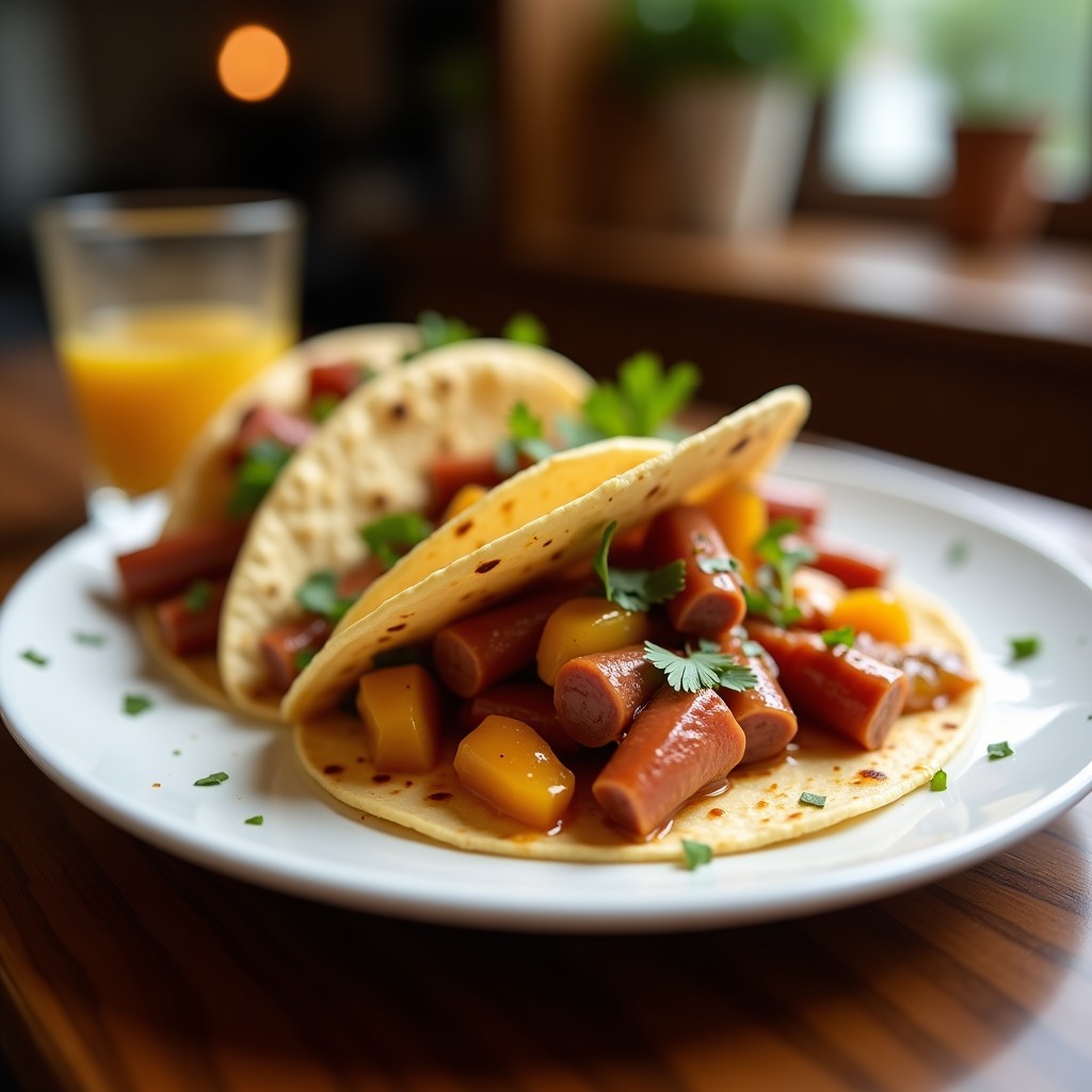 Tacos de maíz artesanales rellenos de chorizo ibérico dorado, manzana caramelizada en salsa de sidra y queso Idiazábal rallado, decorados con perejil fresco sobre un plato rústico de madera.