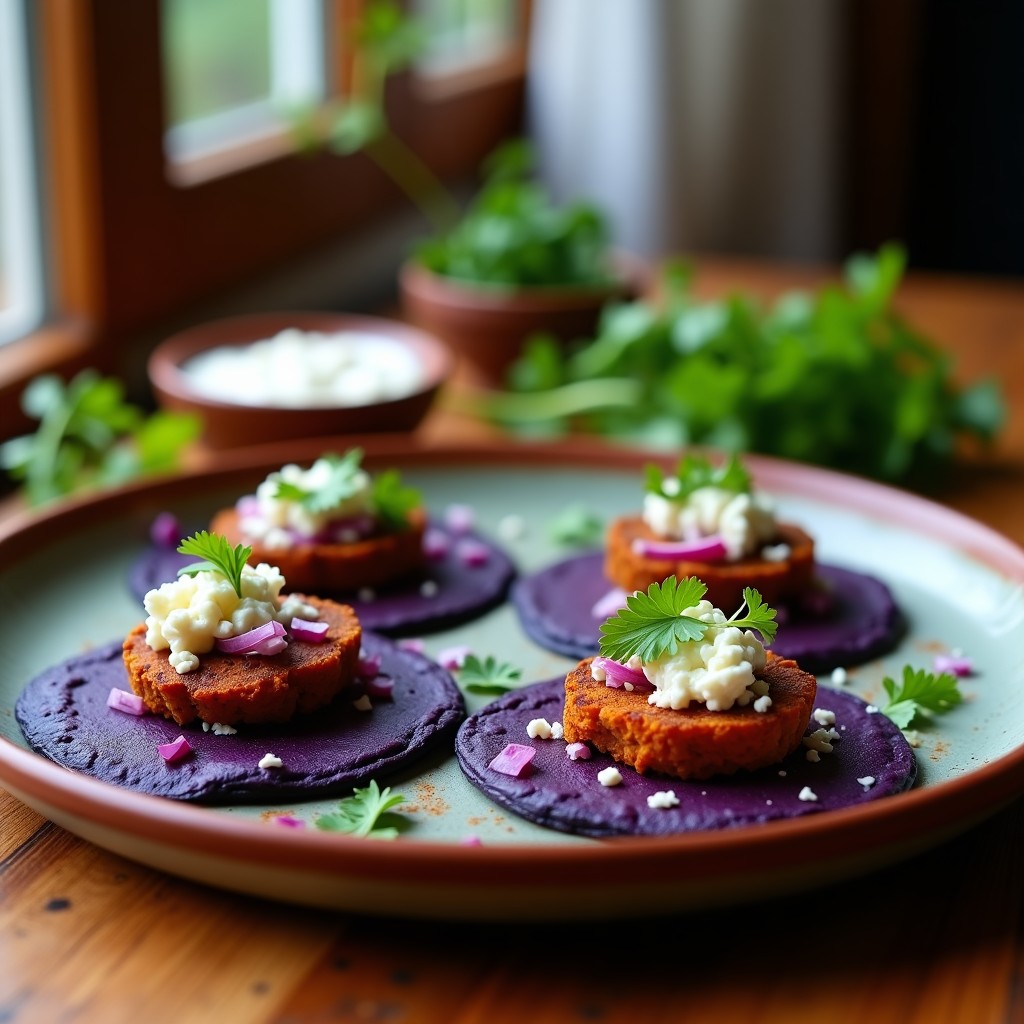 Plato de tacos abiertos con puré de papa morada vibrante, trozos dorados de chorizo de Inca, queso fresco desmenuzado y cebolla morada en crema de ajonjolí. Receta peruana fusion en Airfryer con toques gourmet.