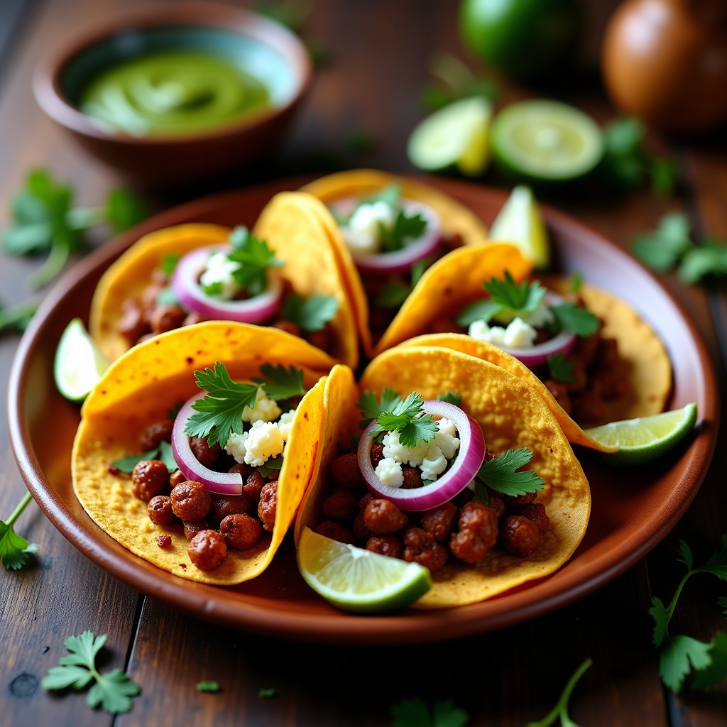 Plato de tacos de chorizo mexicano crujientes en airfryer, con tortillas doradas rellenas de chorizo especiado, cebolla morada, cilantro, queso fresco y salsa verde, servidos en un plato de barro rústico.