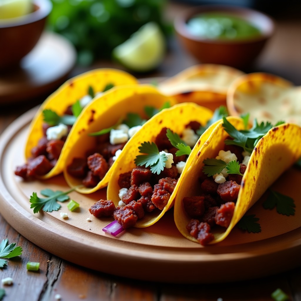 Tacos de chorizo morita ahumado en airfryer, con tortillas de maíz doradas rellenas de chorizo crujiente, cebolla morada, cilantro y queso fresco, acompañados de salsa verde y rodajas de limón.