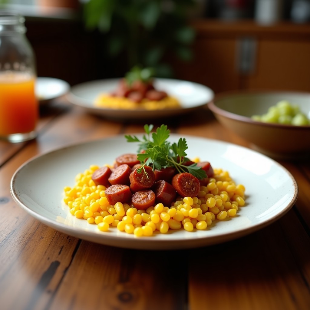 Plato de tacos de chorizo de Sincelejo y yuca en airfryer, con bastones de yuca crujiente, chorizo jugoso y cebolla morada encima, decorados con cilantro fresco y limón.