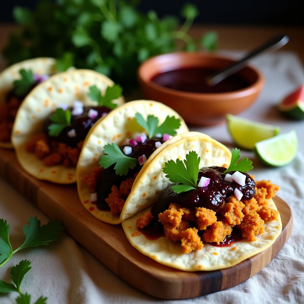 Plato de tacos veganos con chorizo de tempeh dorado, salsa de higo negro oscura y brillante, sobre tortillas de maíz azules, decorados con cilantro fresco y rodajas de limón verde. Receta mexicana en Thermomix.